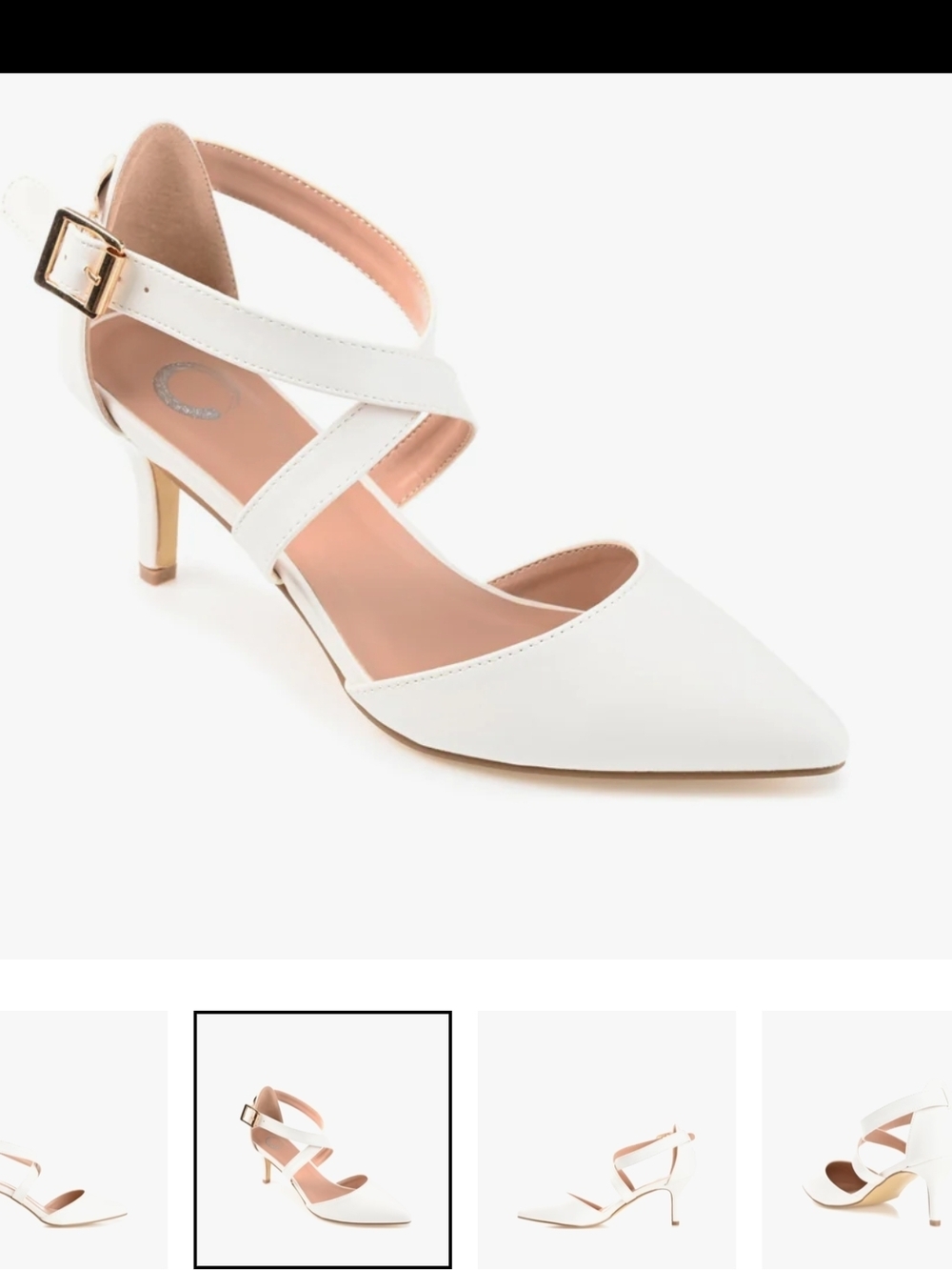 Journee Collection White Pointed Cross-Strap Heels with Gold Buckle
